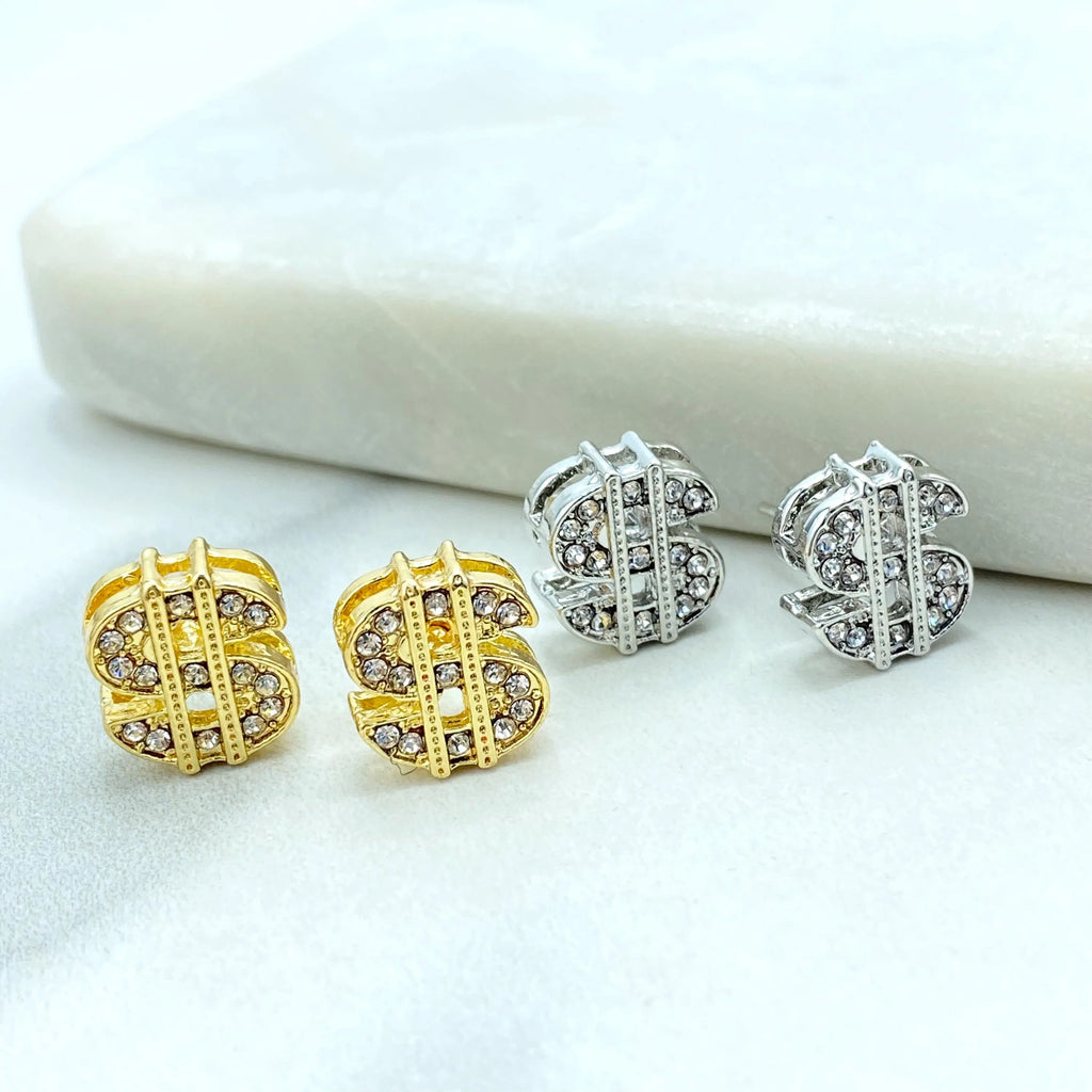 18k Gold Filled or Silver Filled, Dollar Sign Stud Earrings, CZ Pave Dollar Sign Earrings, Dainty Sparkly Earrings