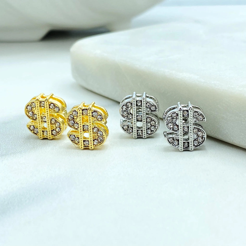 18k Gold Filled or Silver Filled, Dollar Sign Stud Earrings, CZ Pave Dollar Sign Earrings, Dainty Sparkly Earrings