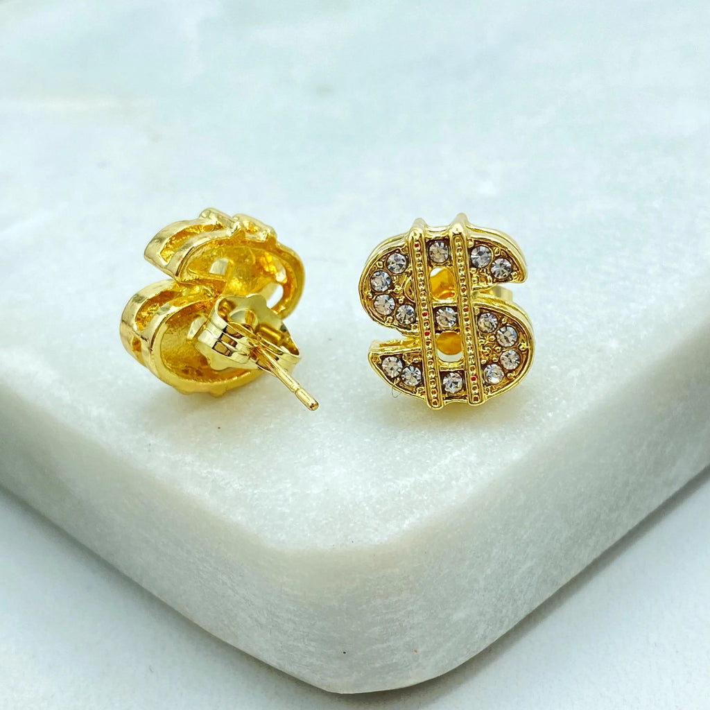 18k Gold Filled or Silver Filled, Dollar Sign Stud Earrings, CZ Pave Dollar Sign Earrings, Dainty Sparkly Earrings