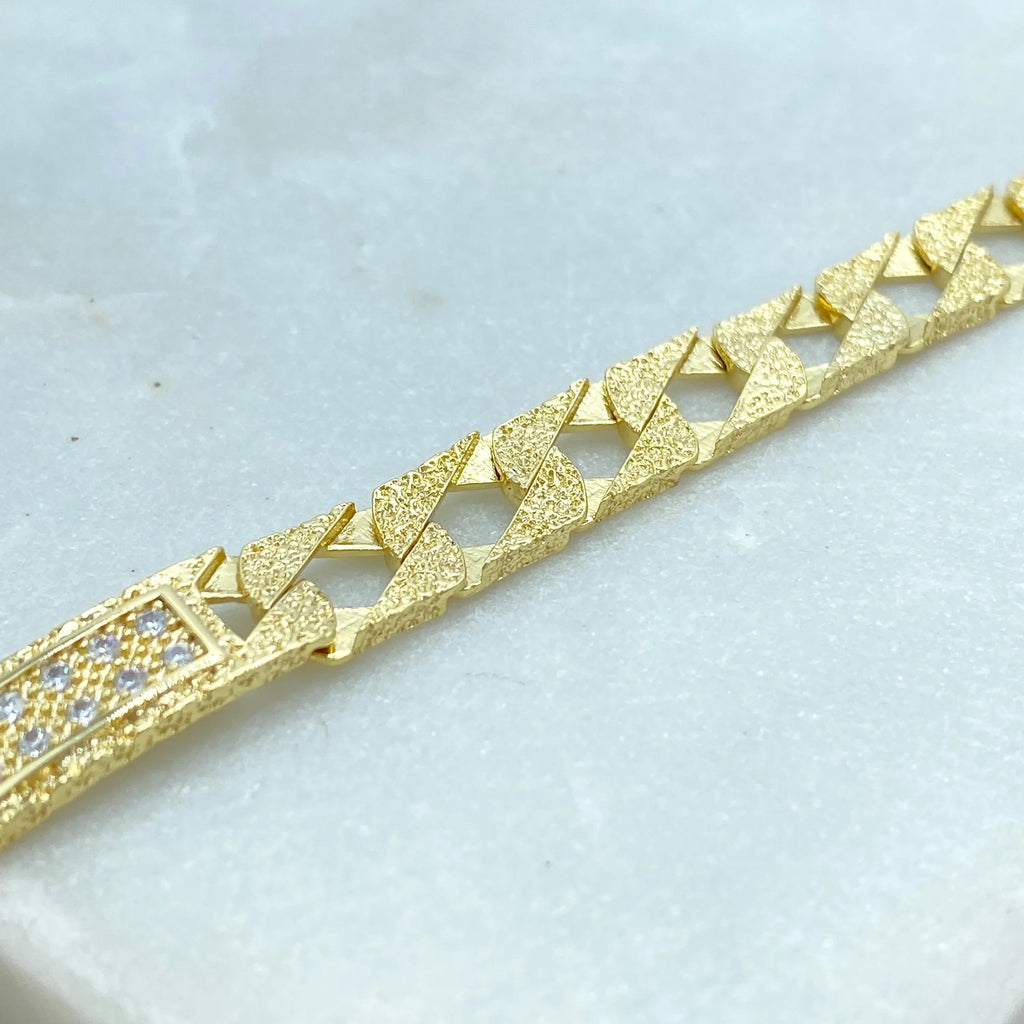 18k Gold Filled Cuban Link Bracelet, CZ Bar Accent, Brushed Textured Finish, ID Bracelet with CZ, Gift for Him or Her