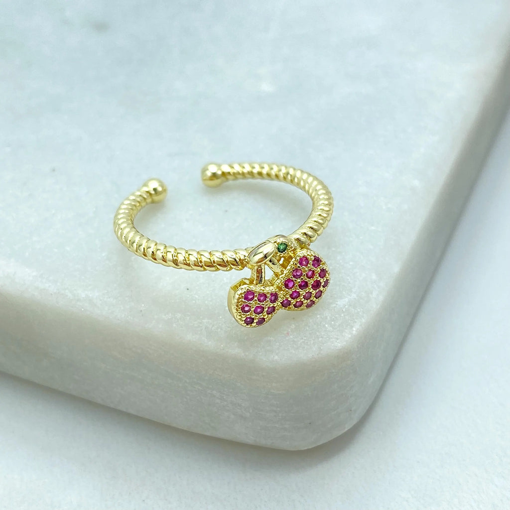 18k Gold Filled Adjustable Cherry Ring, Micro CZ Fruit Ring, Cute Pink Cherry Ring, Kawaii Gift for Her, Adjustable Ring