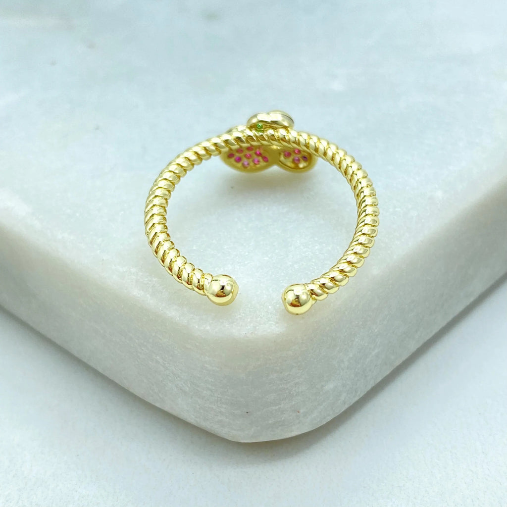 18k Gold Filled Adjustable Cherry Ring, Micro CZ Fruit Ring, Cute Pink Cherry Ring, Kawaii Gift for Her, Adjustable Ring