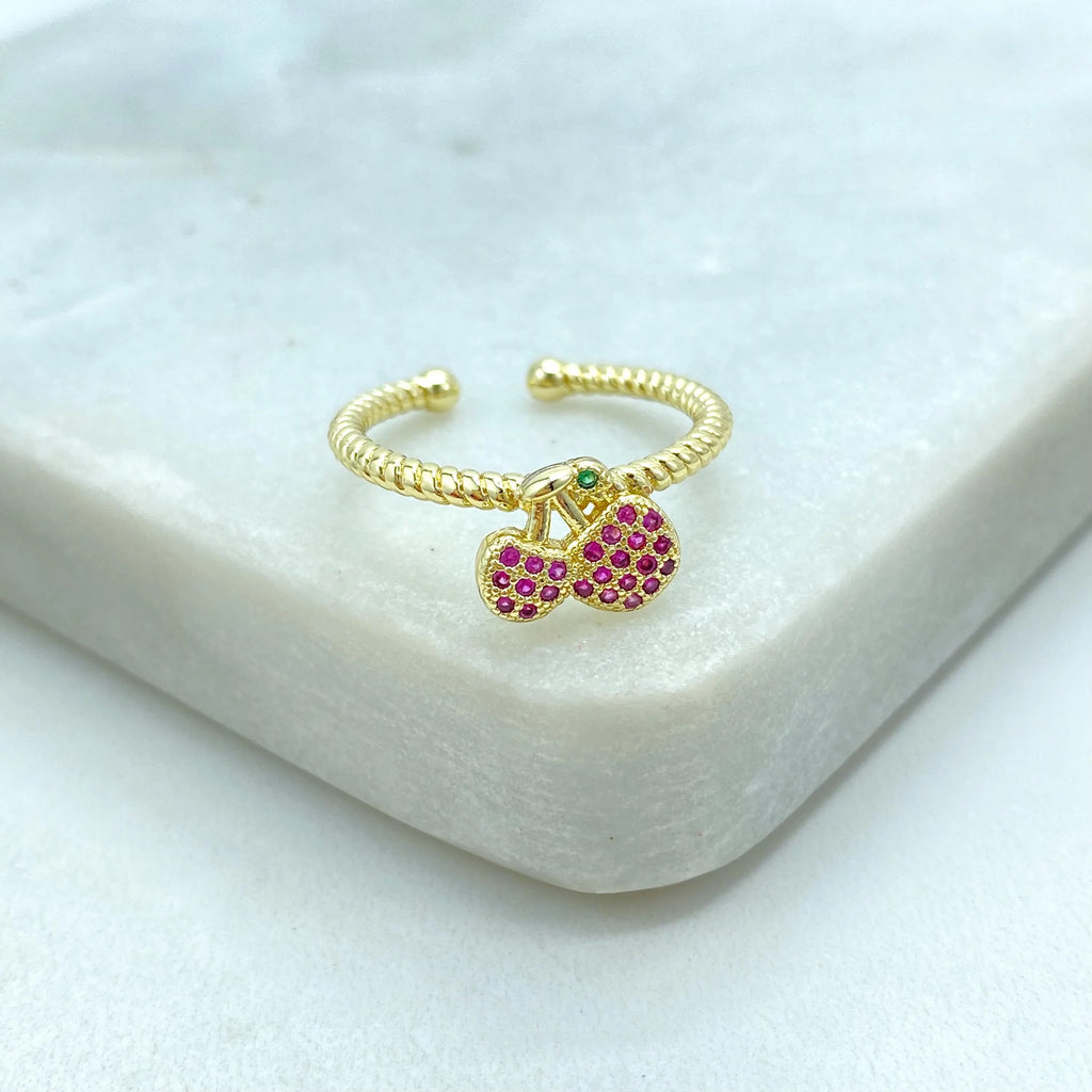 18k Gold Filled Adjustable Cherry Ring, Micro CZ Fruit Ring, Cute Pink Cherry Ring, Kawaii Gift for Her, Adjustable Ring
