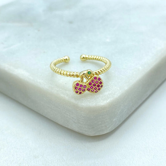 18k Gold Filled Adjustable Cherry Ring, Micro CZ Fruit Ring, Cute Pink Cherry Ring, Kawaii Gift for Her, Adjustable Ring