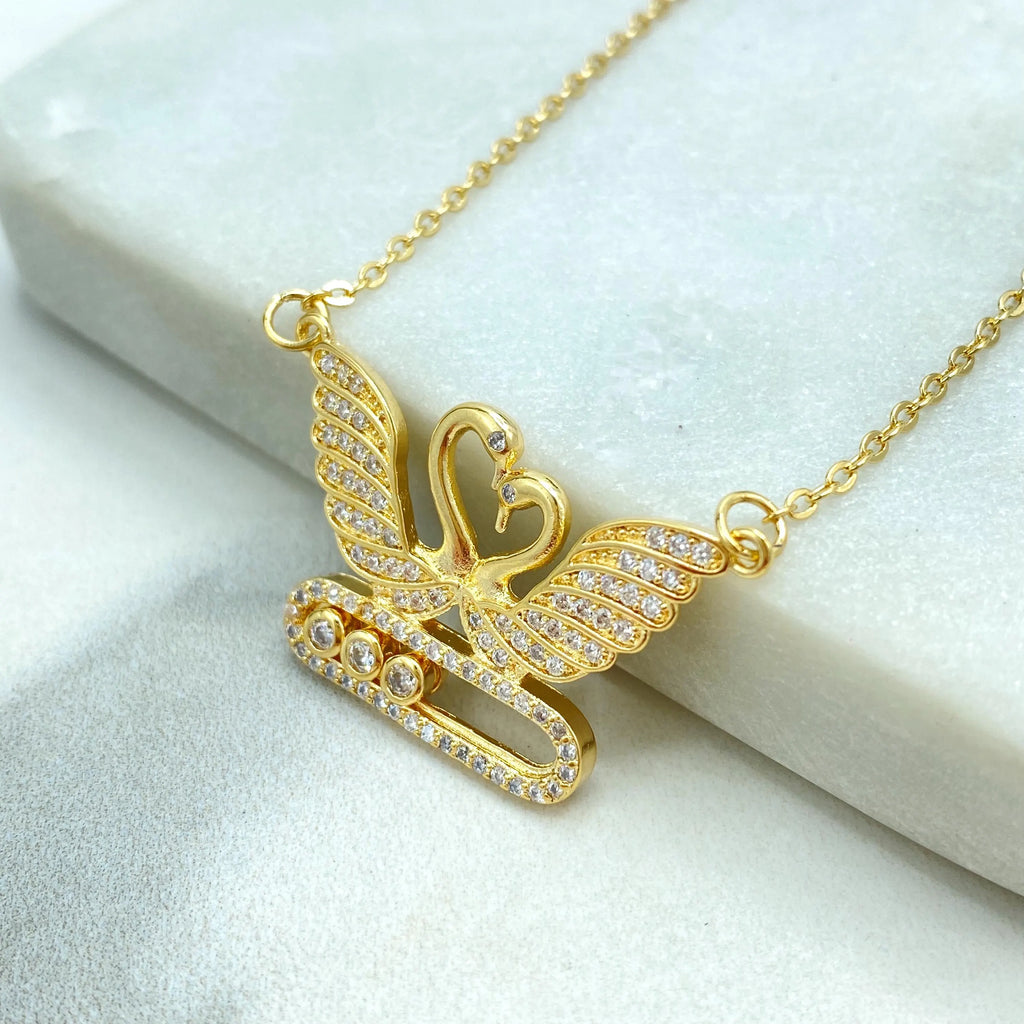 18k Gold Filled Necklace, Swan Heart Pendant with Moving CZ Stones, Adjustable Chain, Gift for Her