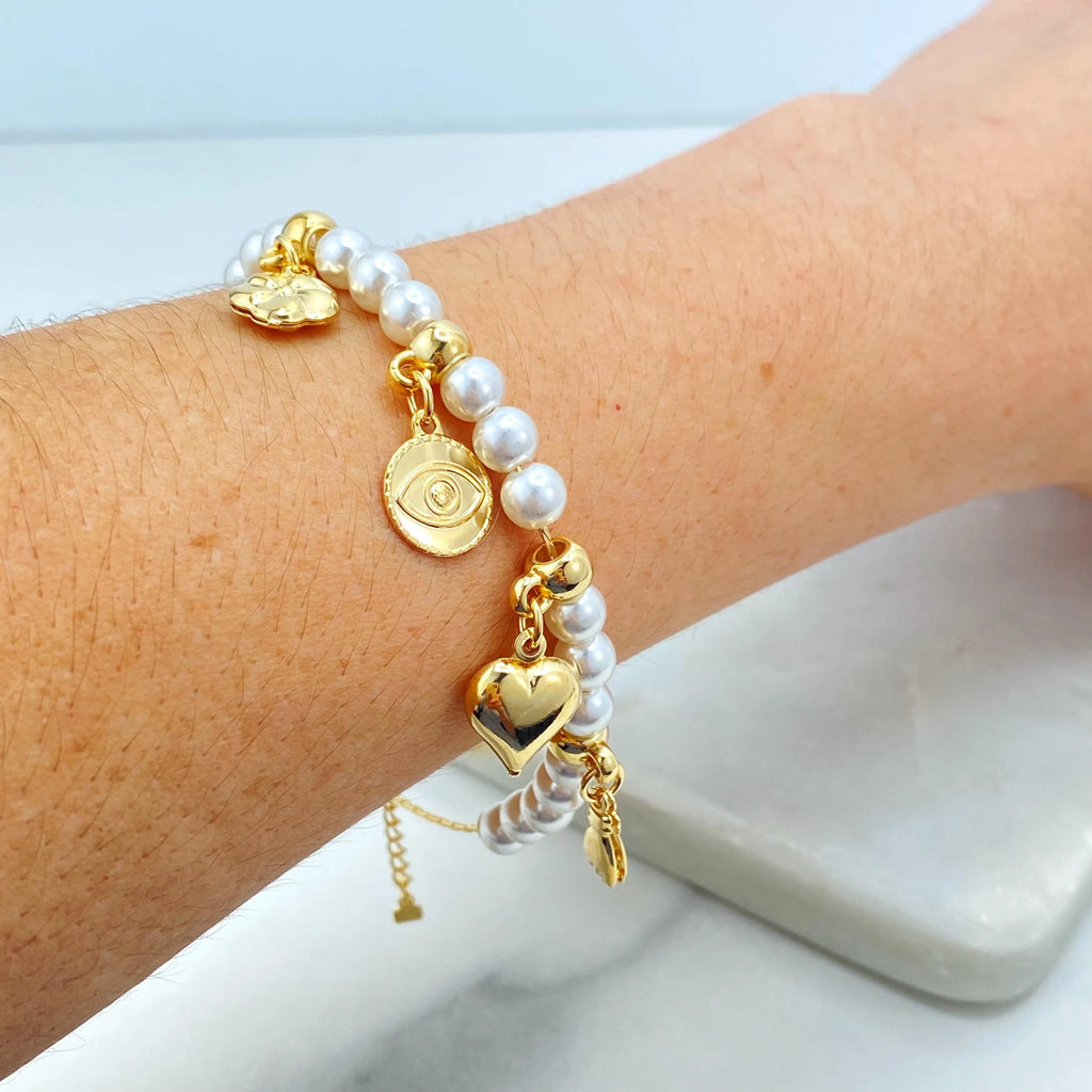 18k Gold Filled Bracelet, Simulated Pearls with Lucky Charms, Protection and Heart Charms, Lucky & Protection Bracelet