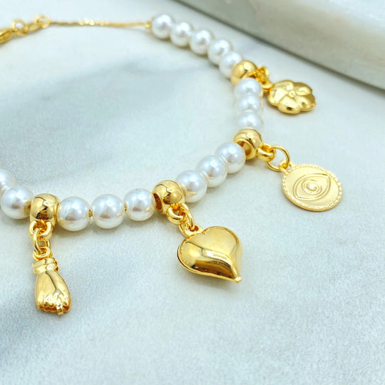 18k Gold Filled Bracelet, Simulated Pearls with Lucky Charms, Protection and Heart Charms, Lucky & Protection Bracelet