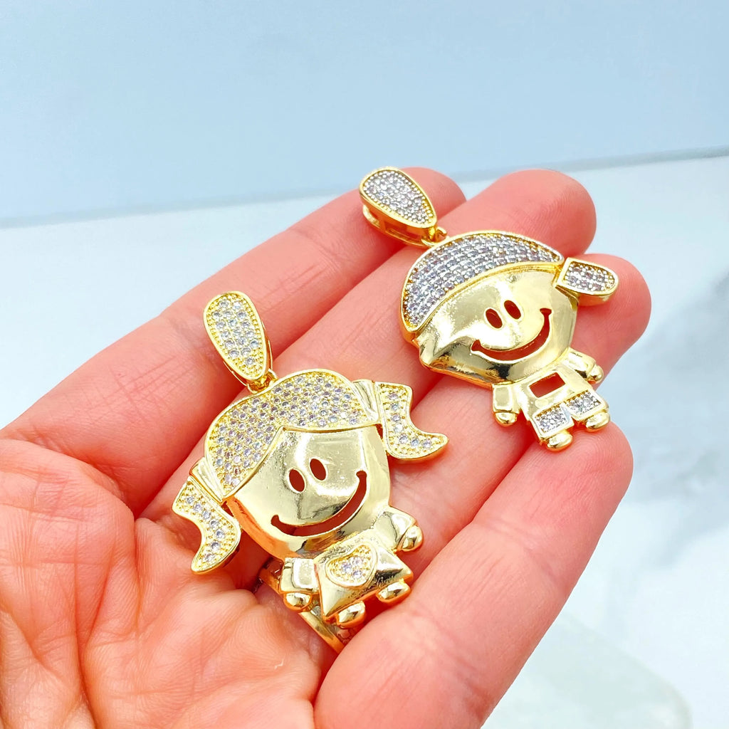 18k Gold Filled Boy or Girl Charm: Micro Pave CZ Kid Pendant, Mother Jewelry, Gift for Mo
