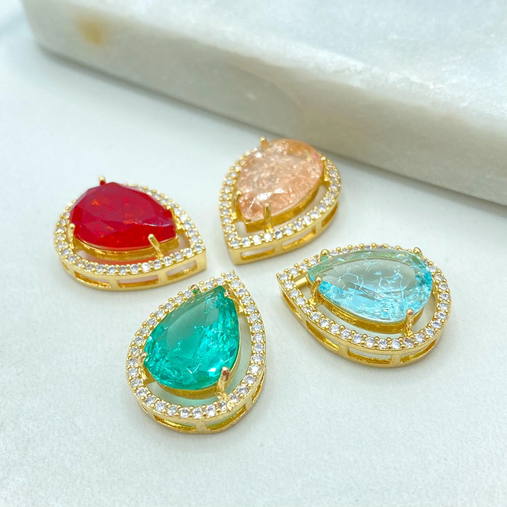 18k Gold Filled Pendant, Pear Shape Pendant with Simulated Ruby, Emerald, Aquamarine or Morganite, CZ Halo, Gift for Her