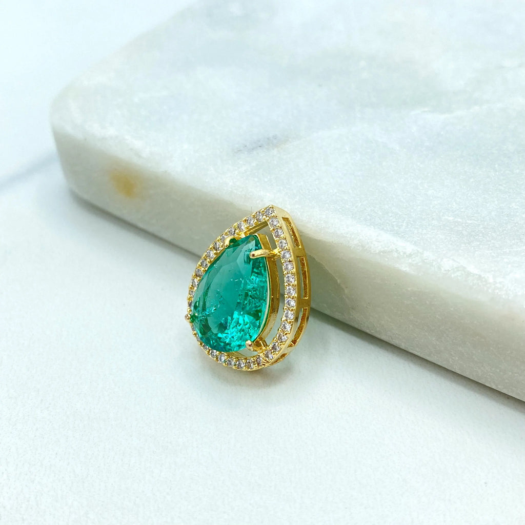 18k Gold Filled Pendant, Pear Shape Pendant with Simulated Ruby, Emerald, Aquamarine or Morganite, CZ Halo, Gift for Her