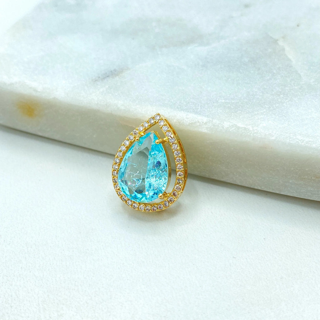 18k Gold Filled Pendant, Pear Shape Pendant with Simulated Ruby, Emerald, Aquamarine or Morganite, CZ Halo, Gift for Her