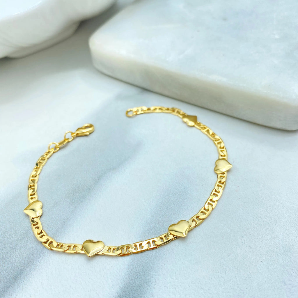 18k Gold Filled Heart Charm Bracelet, Flat Mariner Link Chain Bracelet, Dainty Bracelet, Gift for Her