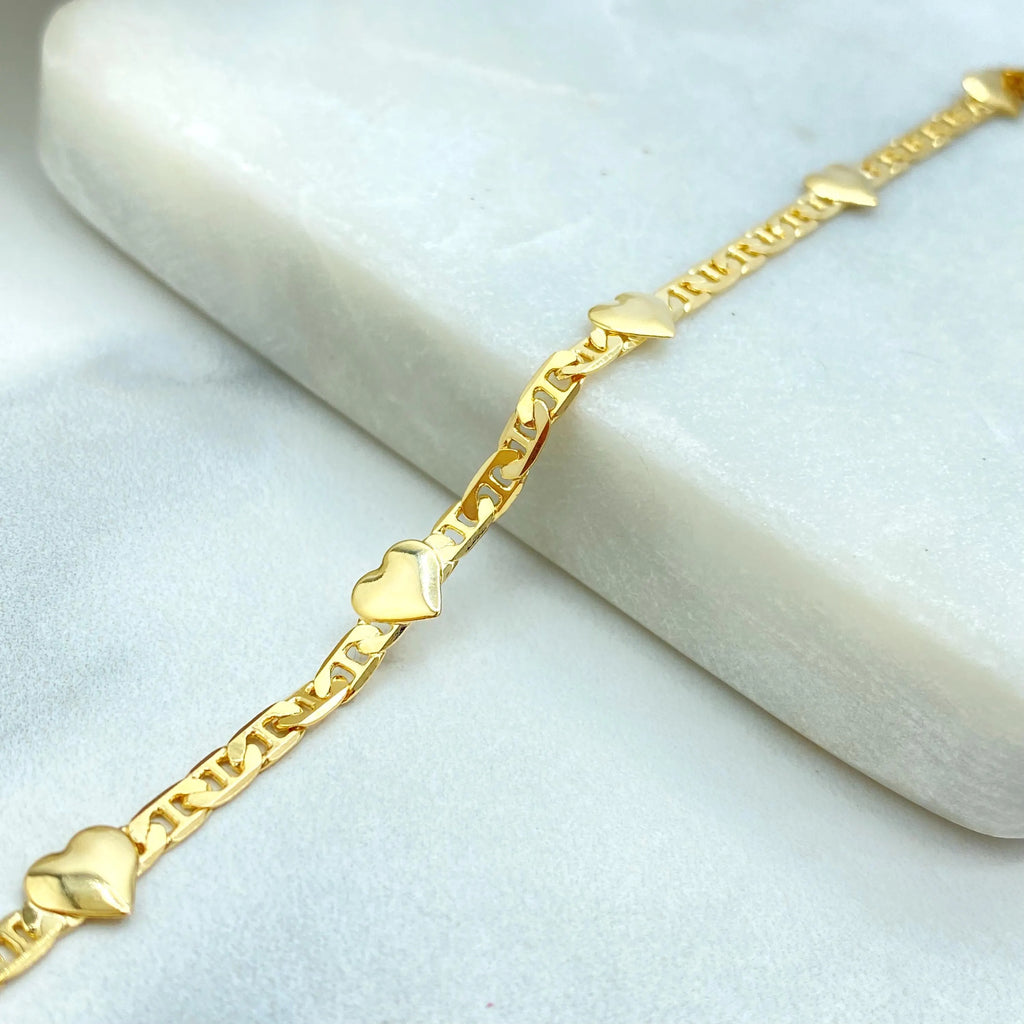 18k Gold Filled Heart Charm Bracelet, Flat Mariner Link Chain Bracelet, Dainty Bracelet, Gift for Her