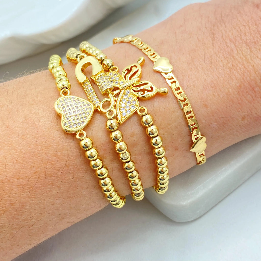 18k Gold Filled Heart Charm Bracelet, Flat Mariner Link Chain Bracelet, Dainty Bracelet, Gift for Her