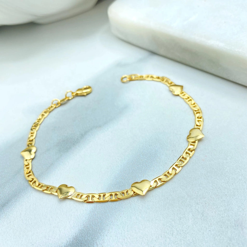 18k Gold Filled Heart Charm Bracelet, Flat Mariner Link Chain Bracelet, Dainty Bracelet, Gift for Her