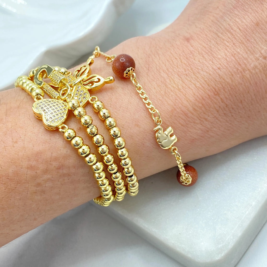 18k Gold Filled Aventurine & Puffed Elephants Bracelet, Curb Link Chain + Elephants Charm + Aventurine Beads Bracelet