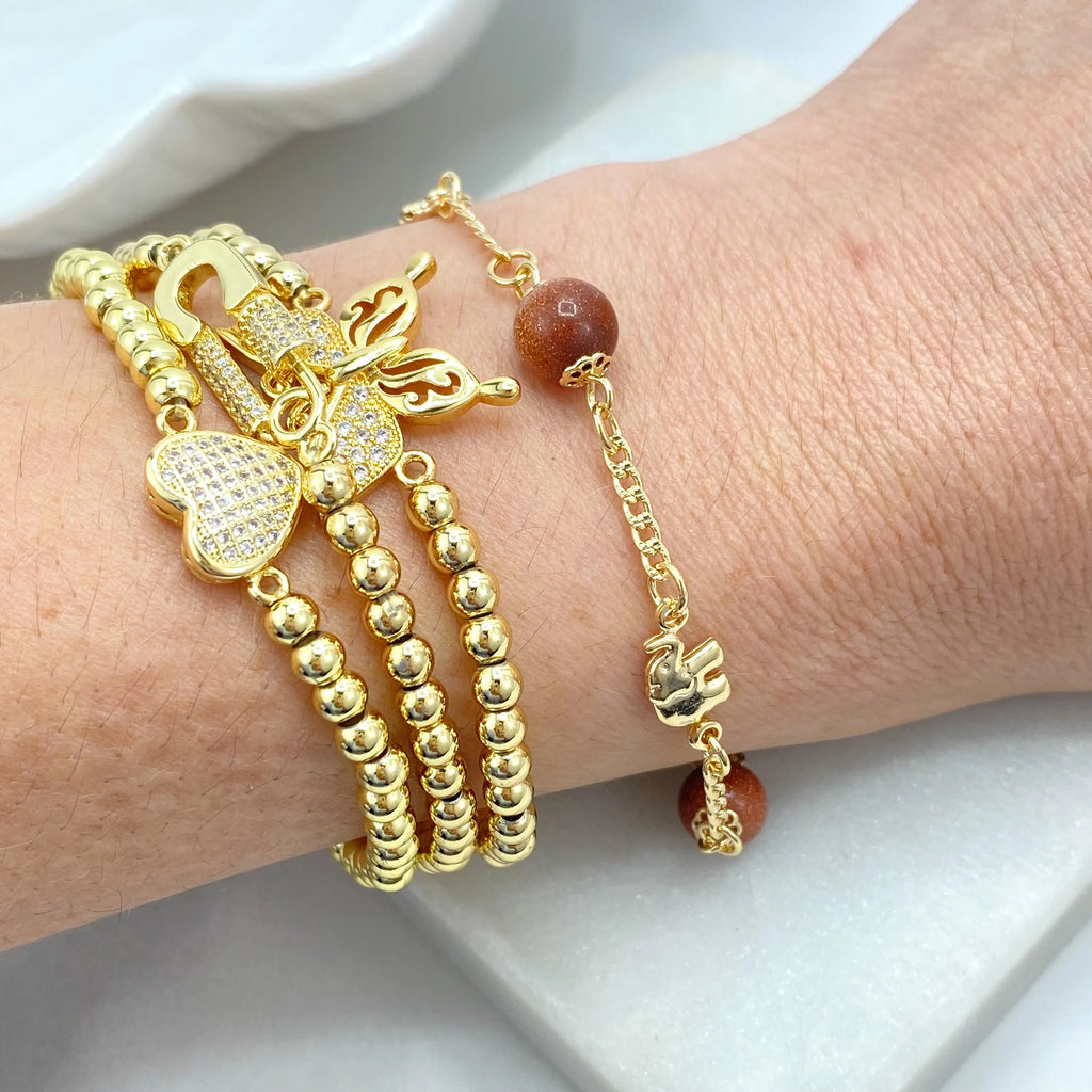 18k Gold Filled Aventurine & Puffed Elephants Bracelet, Curb Link Chain + Elephants Charm + Aventurine Beads Bracelet