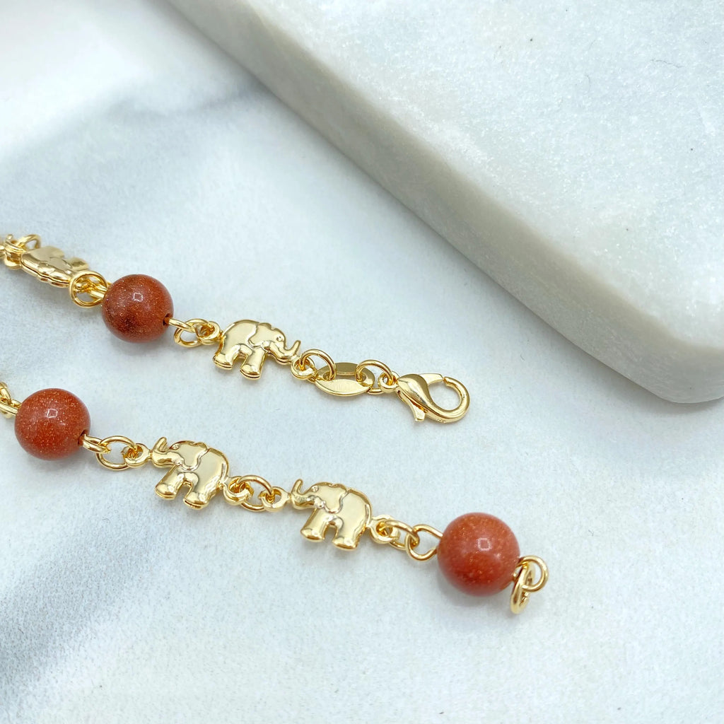 18k Gold Filled Aventurine & Puffed Elephants Bracelet, 7.5 Inches Long, Elephants Charm with Aventurine Beads Bracelet