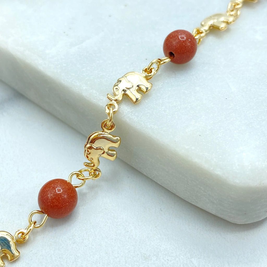 18k Gold Filled Aventurine & Puffed Elephants Bracelet, 7.5 Inches Long, Elephants Charm with Aventurine Beads Bracelet