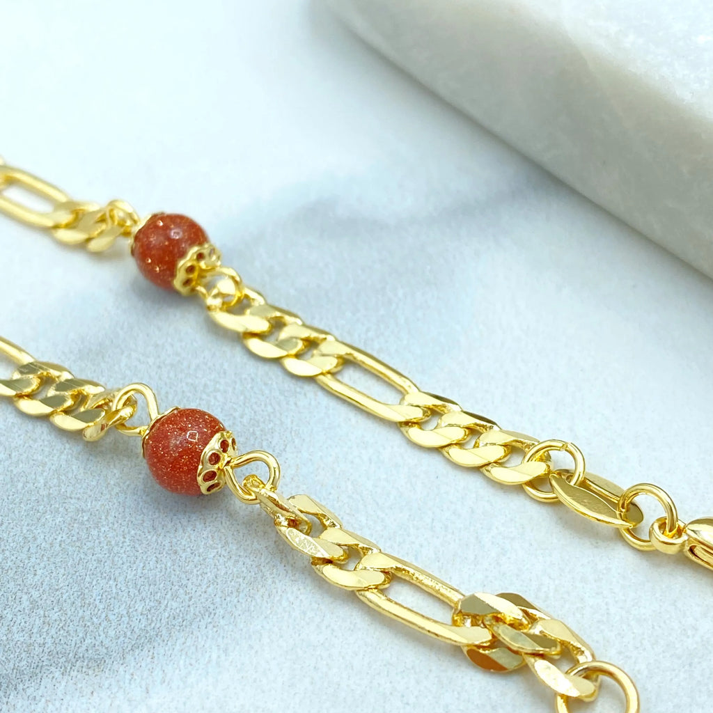 18k Gold Filled Aventurine Beaded Bracelet, Figaro Chain Design, Figaro Chain with Venturina Bracelet, Gift for Her