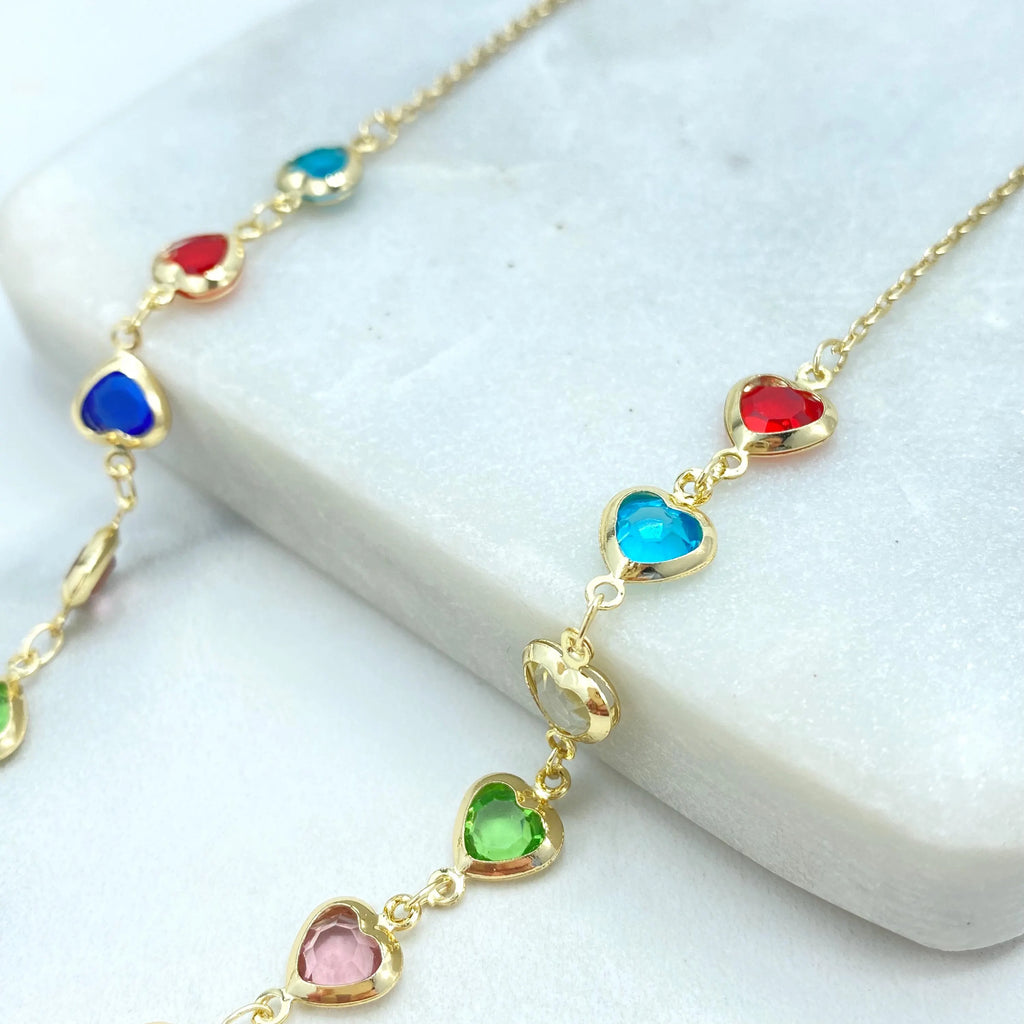 18k Gold Filled Colorful Heart Jewelry Set, Necklace Bracelet Earrings, Multicolor Heart Crystal Linked Set, Heart Set