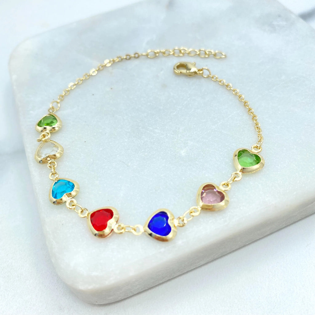 18k Gold Filled Colorful Heart Jewelry Set, Necklace Bracelet Earrings, Multicolor Heart Crystal Linked Set, Heart Set