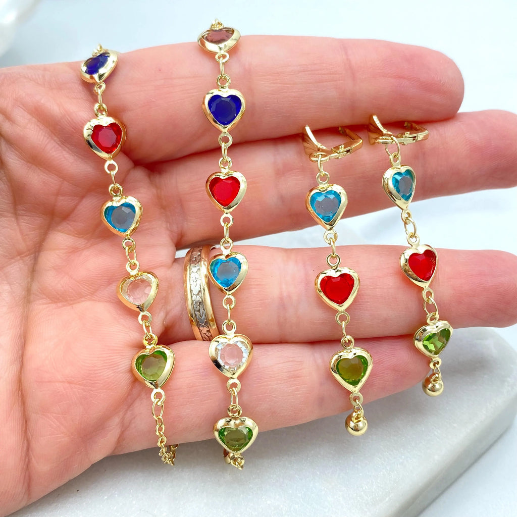 18k Gold Filled Colorful Heart Jewelry Set, Necklace Bracelet Earrings, Multicolor Heart Crystal Linked Set, Heart Set