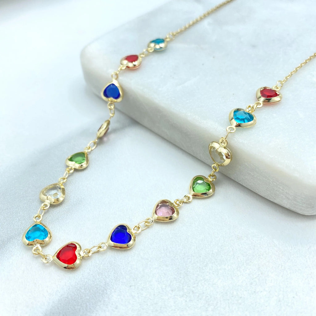 18k Gold Filled Colorful Heart Jewelry Set, Necklace Bracelet Earrings, Multicolor Heart Crystal Linked Set, Heart Set