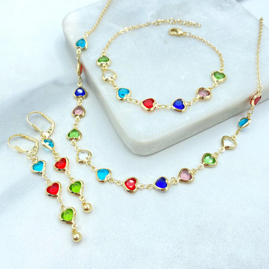 18k Gold Filled Colorful Heart Jewelry Set, Necklace Bracelet Earrings, Multicolor Heart Crystal Linked Set, Heart Set
