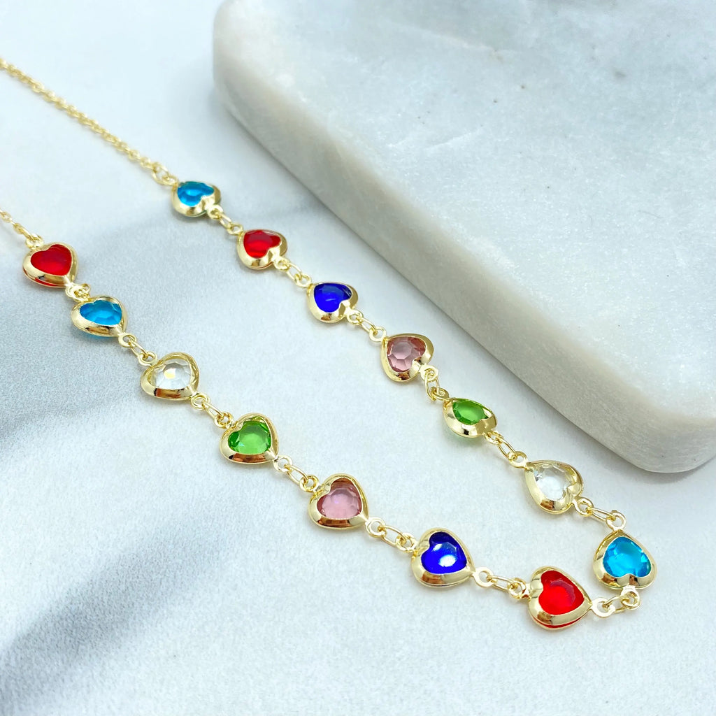 18k Gold Filled Colorful Heart Jewelry Set, Necklace Bracelet Earrings, Multicolor Heart Crystal Linked Set, Heart Set