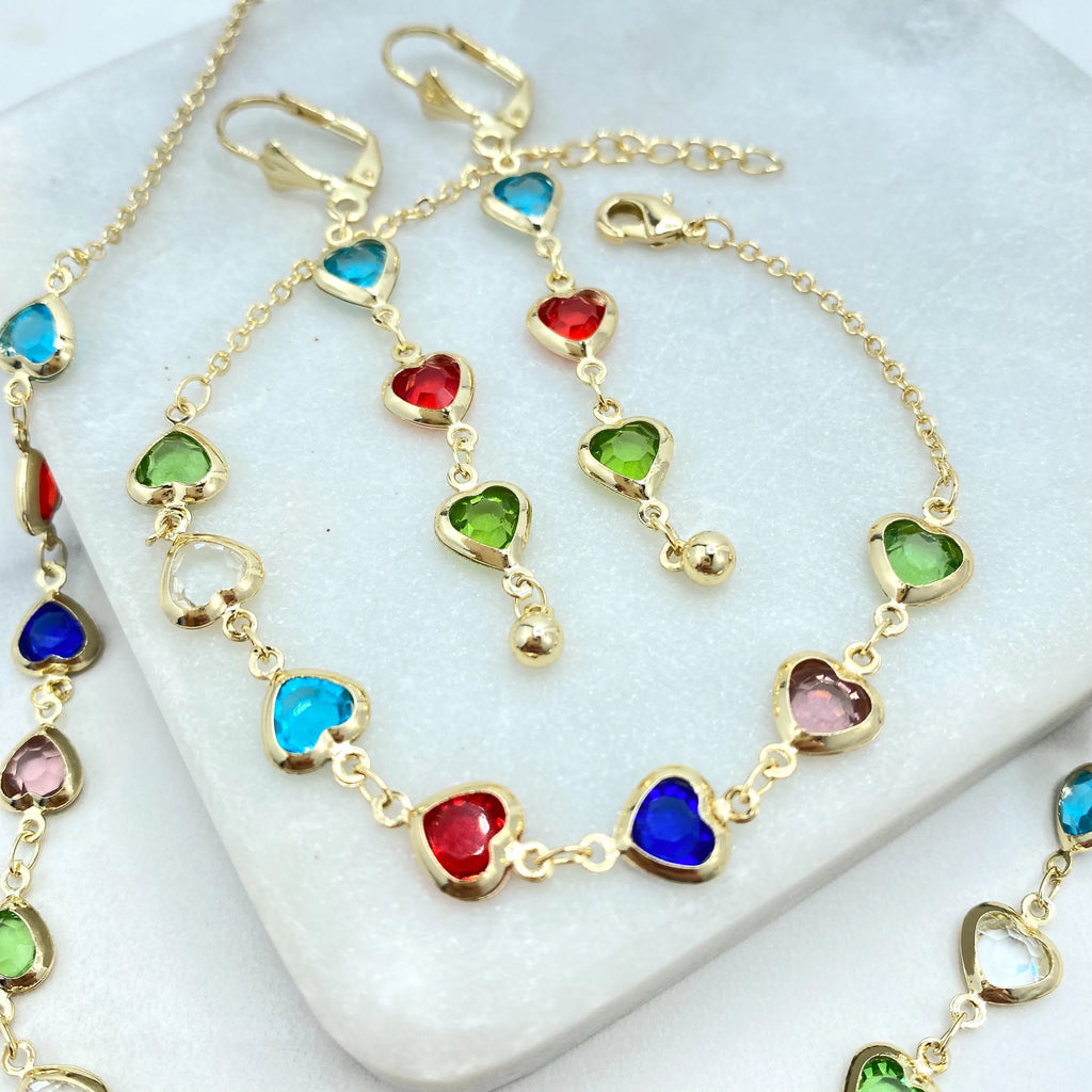 18k Gold Filled Colorful Heart Jewelry Set, Necklace Bracelet Earrings, Multicolor Heart Crystal Linked Set, Heart Set