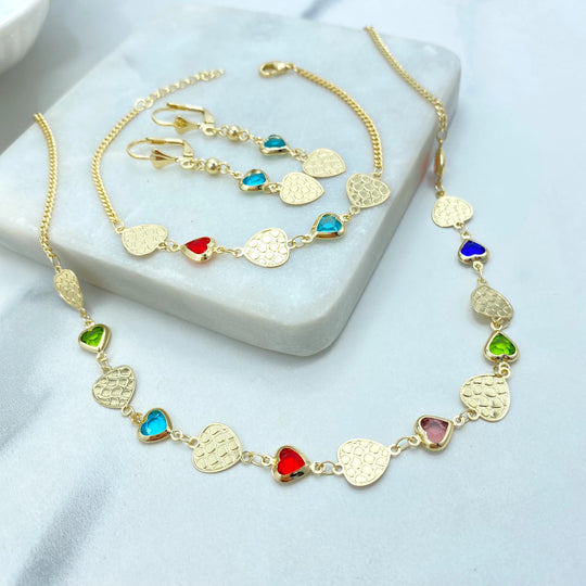 18k Gold Filled Colorful Heart Jewelry Set, Necklace Bracelet Earrings, Multicolor Heart Crystal & Flat Gold Heart Set