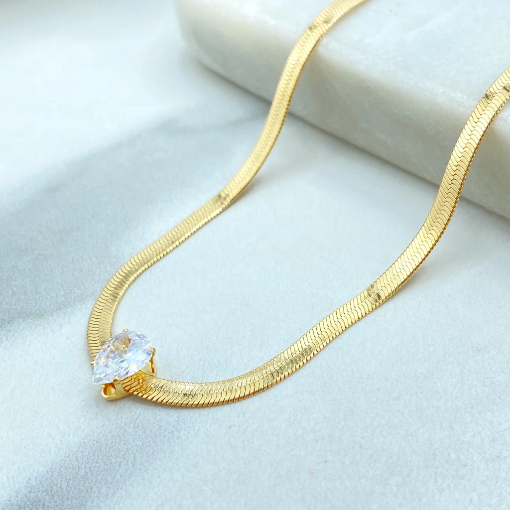 18k Gold Filled Snake Chain Necklace with Pear Cut CZ Pendant, Herringbone Chain with Extender, Tear Drop Necklace