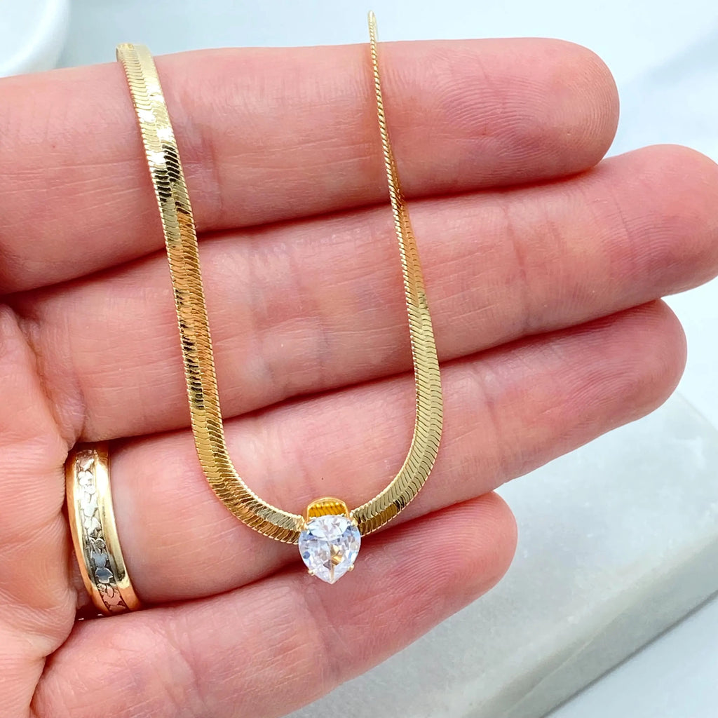 18k Gold Filled Snake Chain Necklace with Pear Cut CZ Pendant, Herringbone Chain with Extender, Tear Drop Necklace