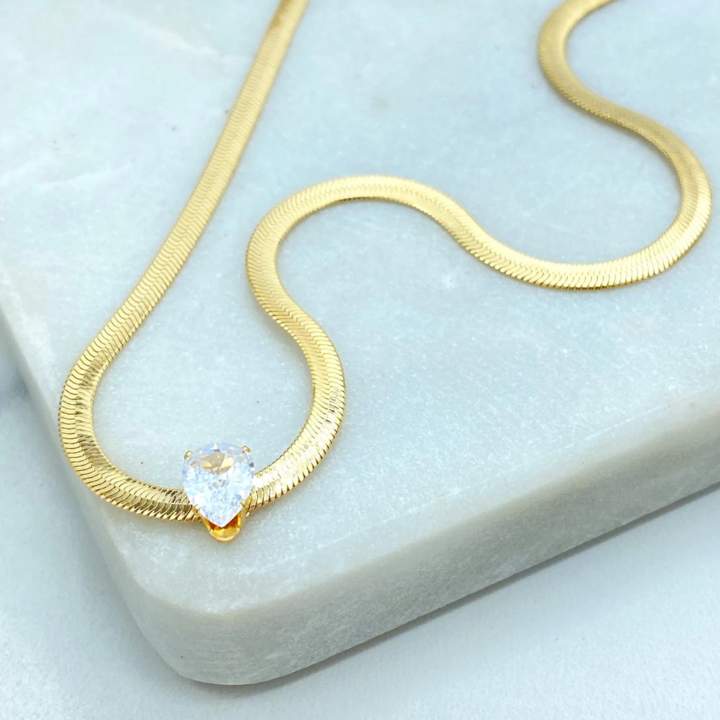 18k Gold Filled Snake Chain Necklace with Pear Cut CZ Pendant, Herringbone Chain with Extender, Tear Drop Necklace