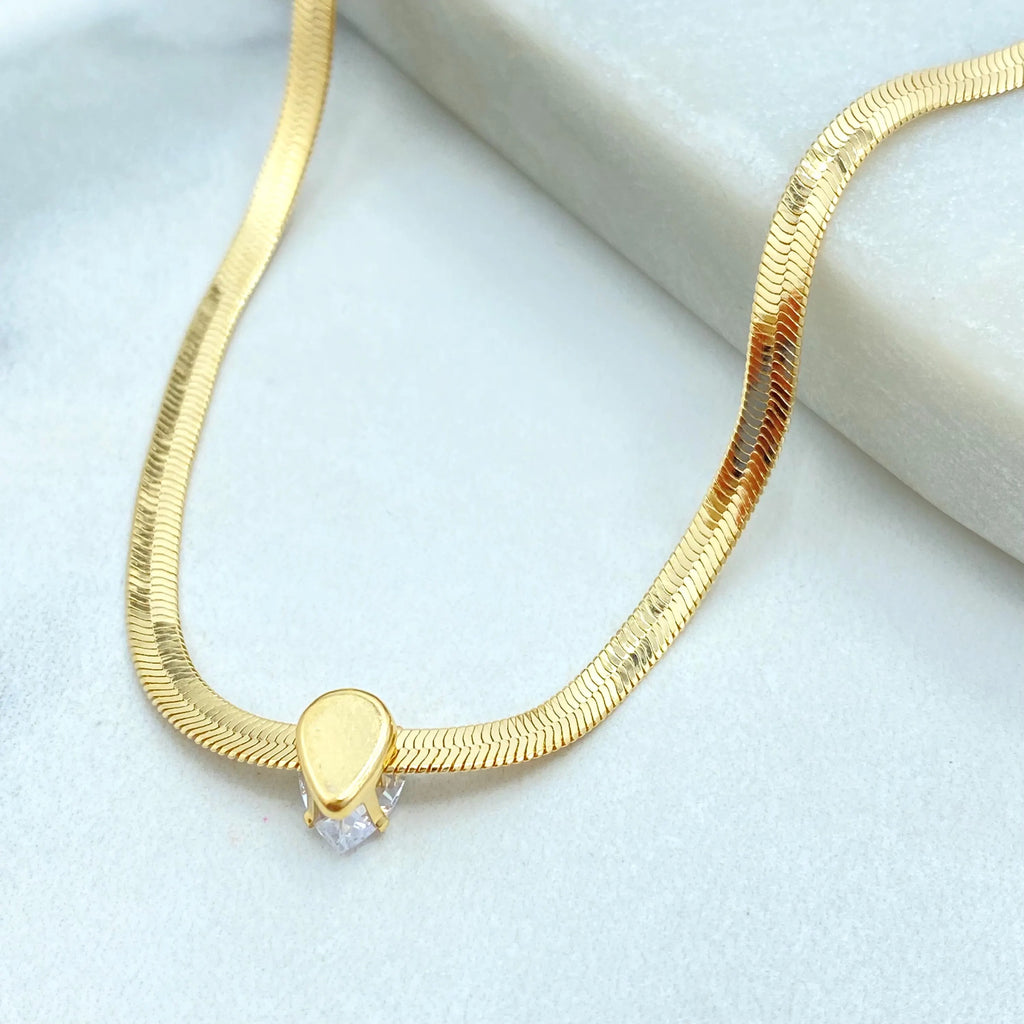 18k Gold Filled Snake Chain Necklace with Pear Cut CZ Pendant, Herringbone Chain with Extender, Tear Drop Necklace