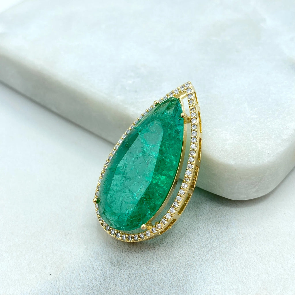 18k Gold Filled Pendant, Pear Shape Pendant with Simulated Ruby, Emerald, Blue Topaz or Black Diamond, CZ Halo