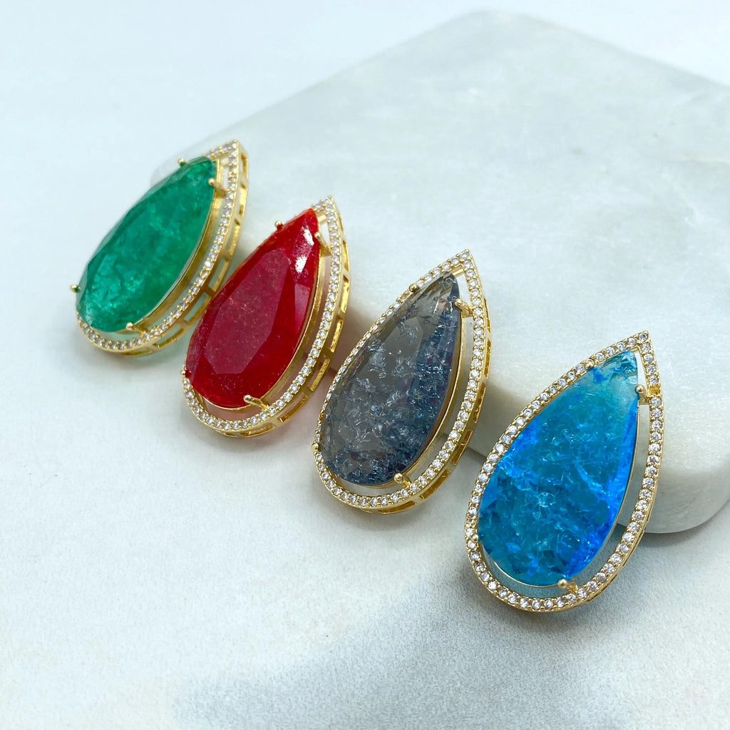 18k Gold Filled Pendant, Pear Shape Pendant with Simulated Ruby, Emerald, Blue Topaz or Black Diamond, CZ Halo