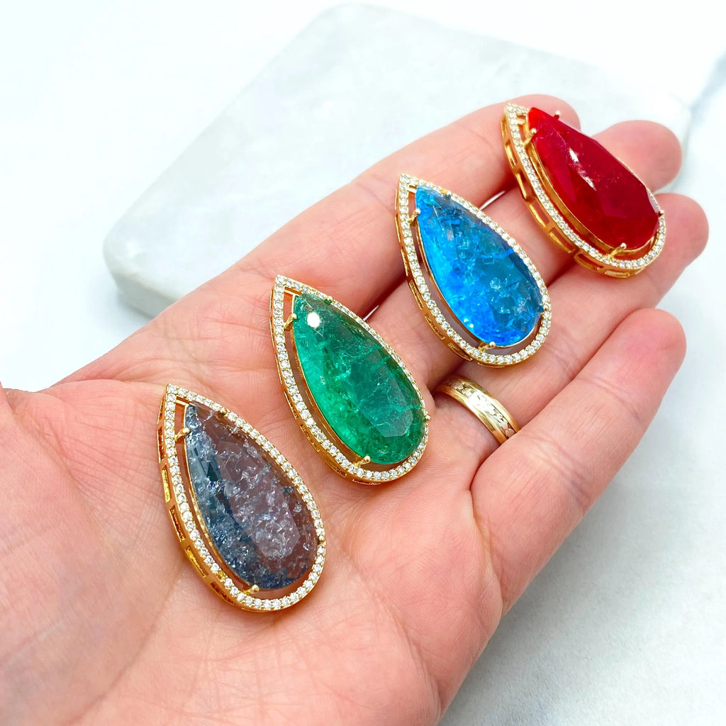 18k Gold Filled Pendant, Pear Shape Pendant with Simulated Ruby, Emerald, Blue Topaz or Black Diamond, CZ Halo