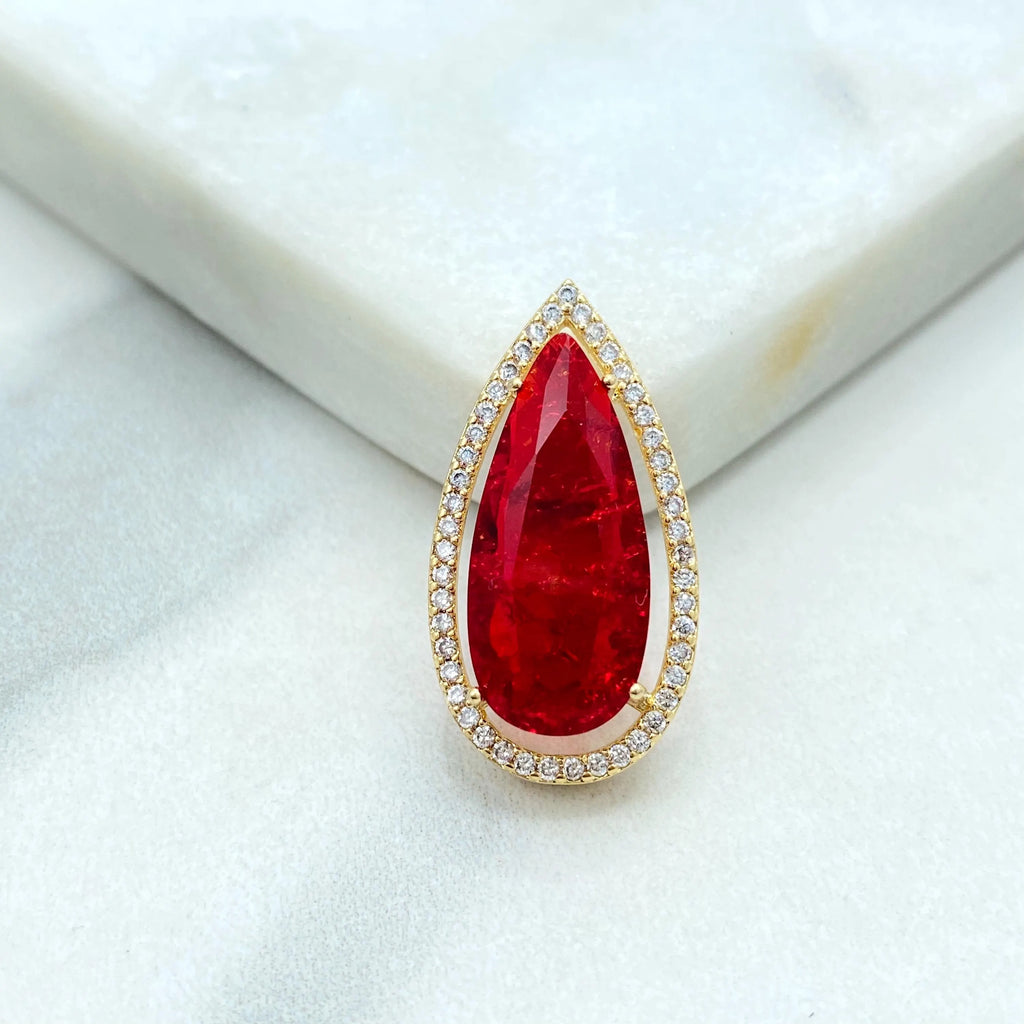 18k Gold Filled Pendant, Pear Shape Pendant with Simulated Emerald, Ruby, Sapphire or Aquamarine, CZ Halo, Gift for Her