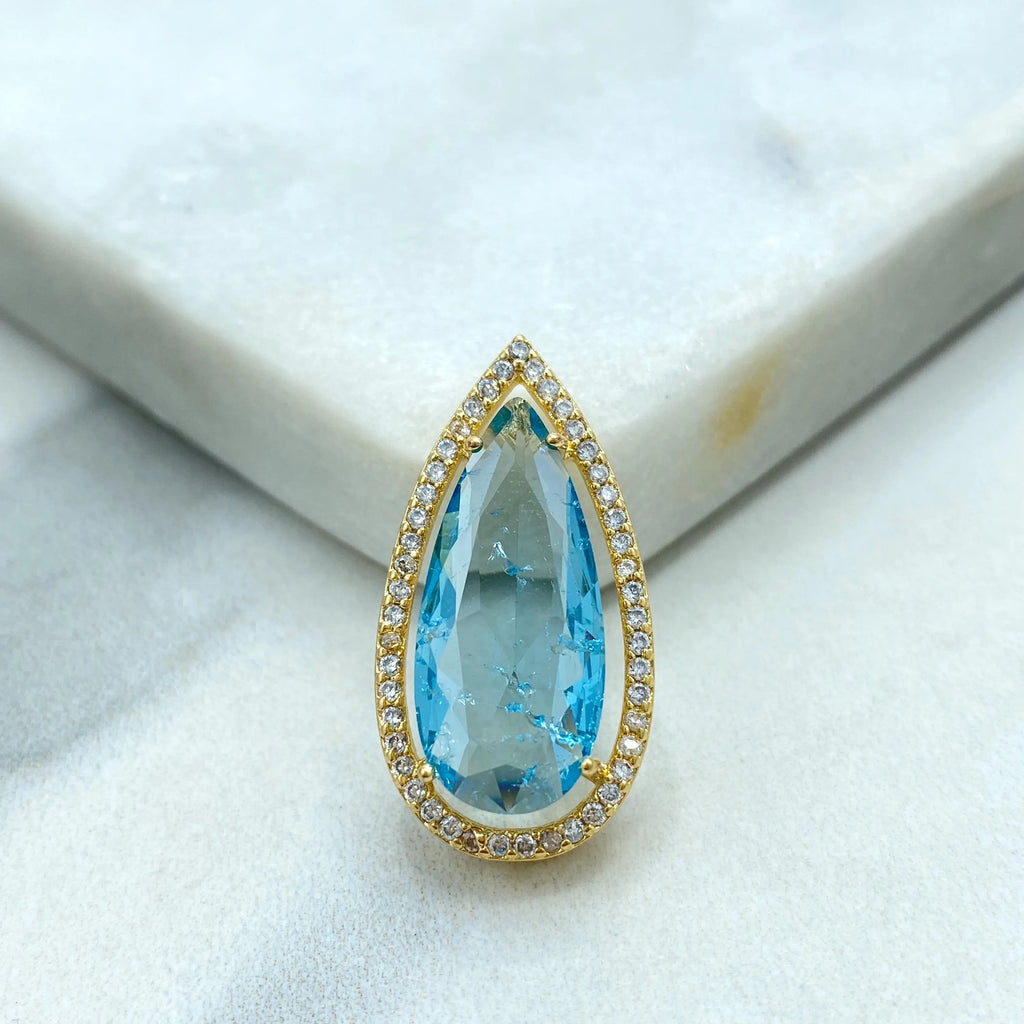 18k Gold Filled Pendant, Pear Shape Pendant with Simulated Emerald, Ruby, Sapphire or Aquamarine, CZ Halo, Gift for Her