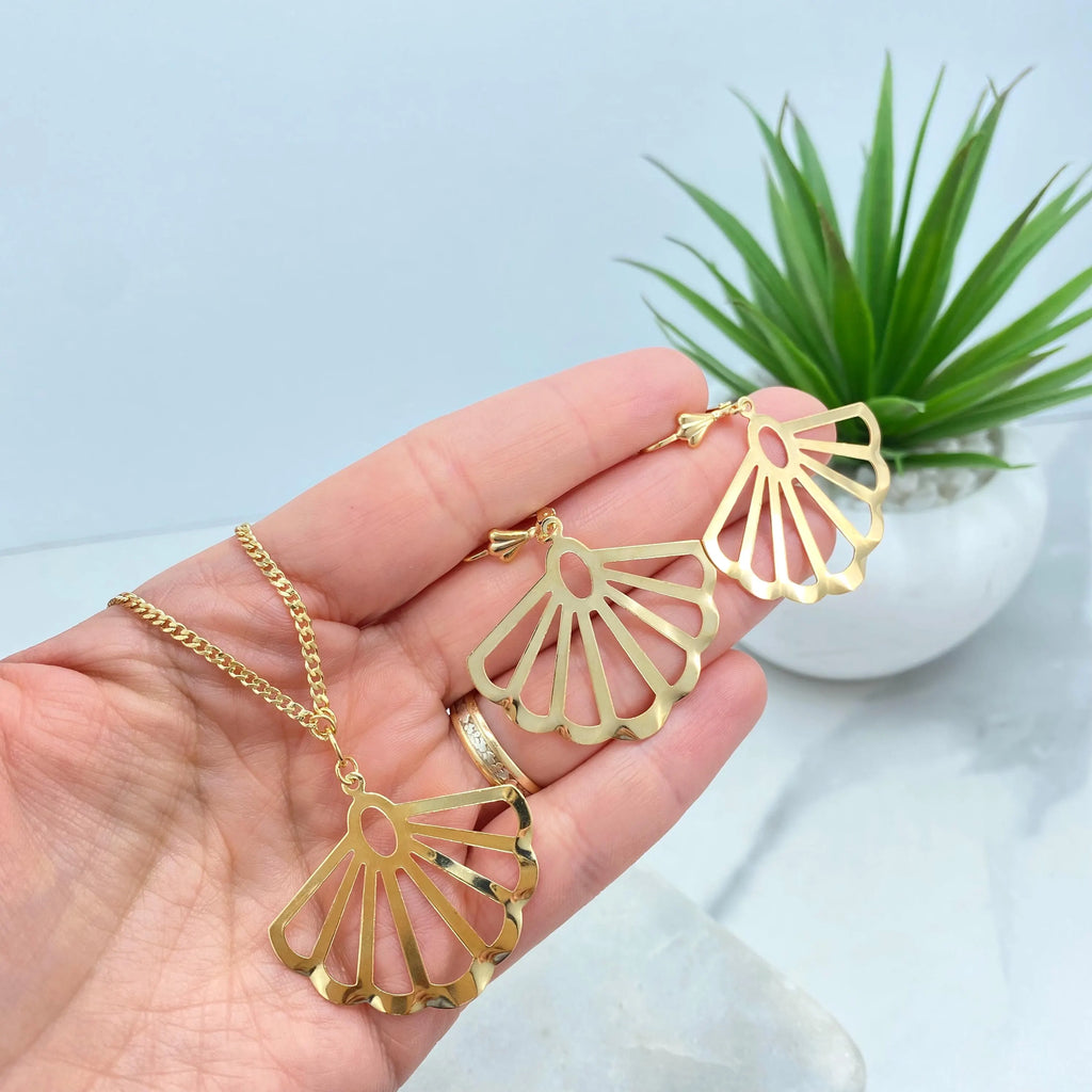 18k Gold Filled Shell Necklace and Earrings Set, Open Fan Shape Jewelry, Dainty Summer Gift for Her, Shell Jewelry Set