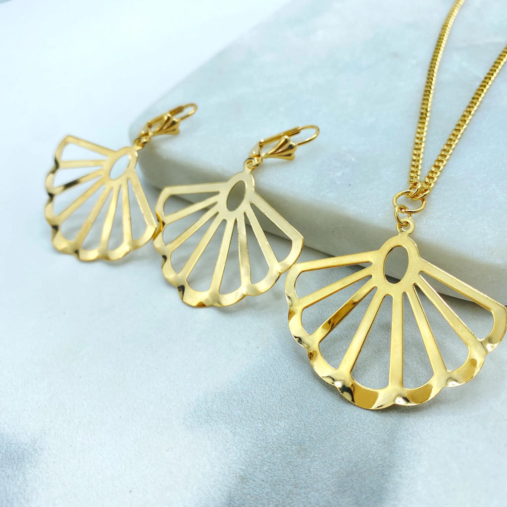 18k Gold Filled Shell Necklace and Earrings Set, Open Fan Shape Jewelry, Dainty Summer Gift for Her, Shell Jewelry Set