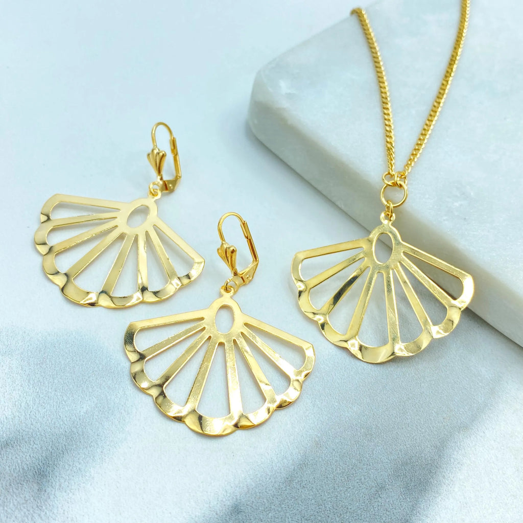 18k Gold Filled Shell Necklace and Earrings Set, Open Fan Shape Jewelry, Dainty Summer Gift for Her, Shell Jewelry Set