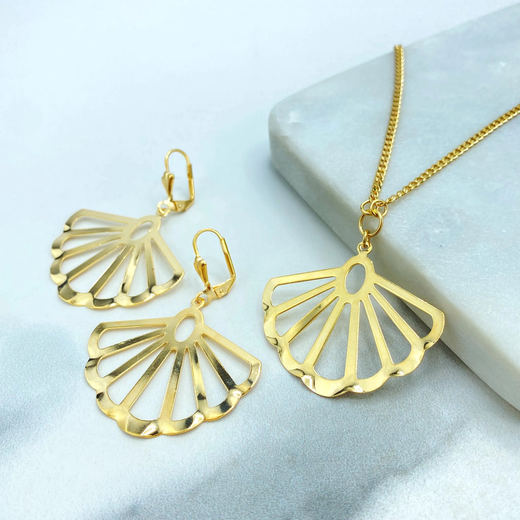 18k Gold Filled Shell Necklace and Earrings Set, Open Fan Shape Jewelry, Dainty Summer Gift for Her, Shell Jewelry Set