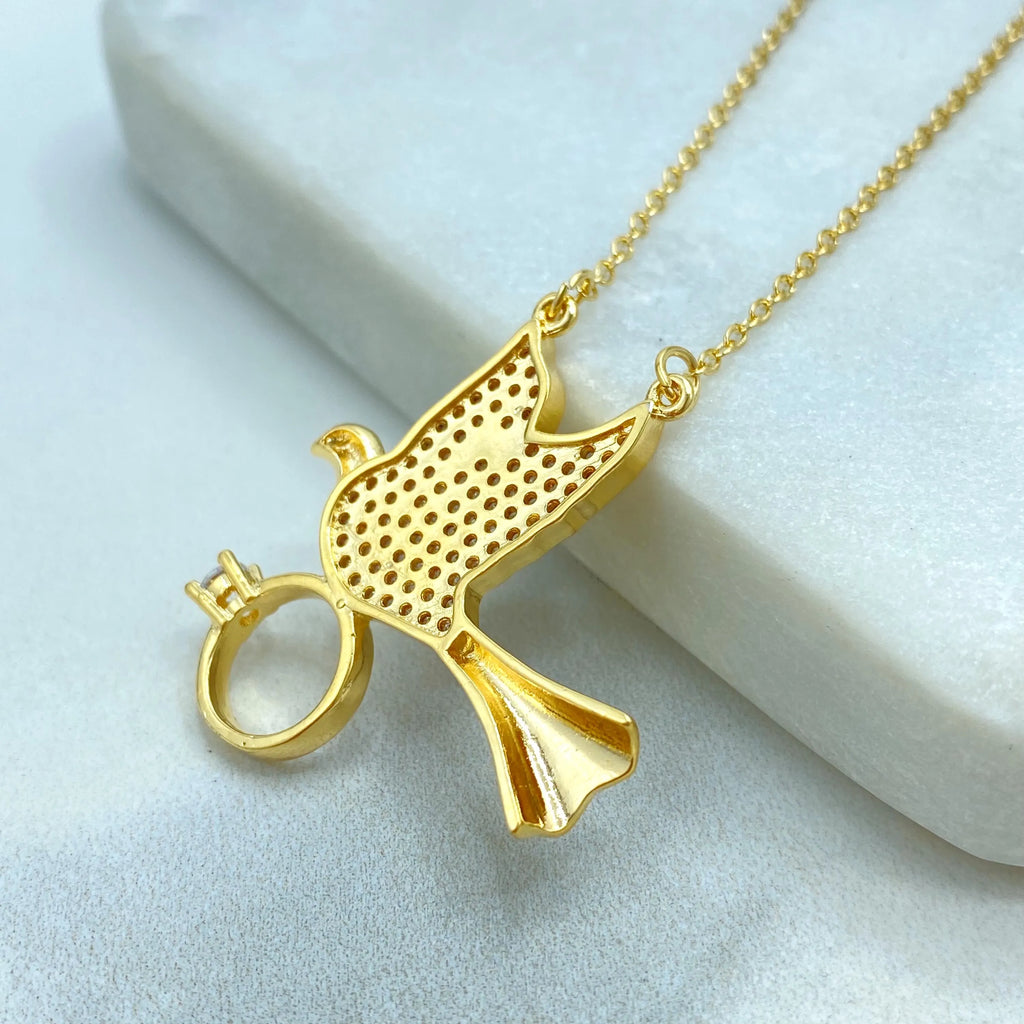18k Gold Filled Necklace, Dove Holding Ring Pendant with CZ Stones, Adjustable Chain, Gift for Her