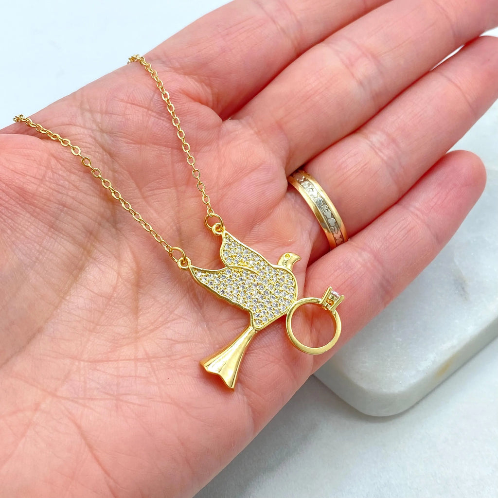 18k Gold Filled Necklace, Dove Holding Ring Pendant with CZ Stones, Adjustable Chain, Gift for Her