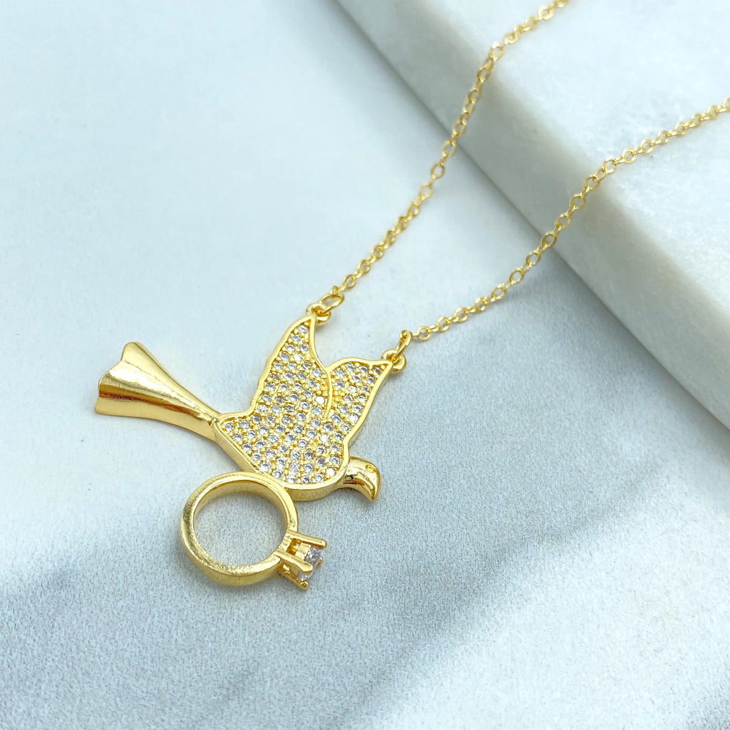 18k Gold Filled Necklace, Dove Holding Ring Pendant with CZ Stones, Adjustable Chain, Gift for Her