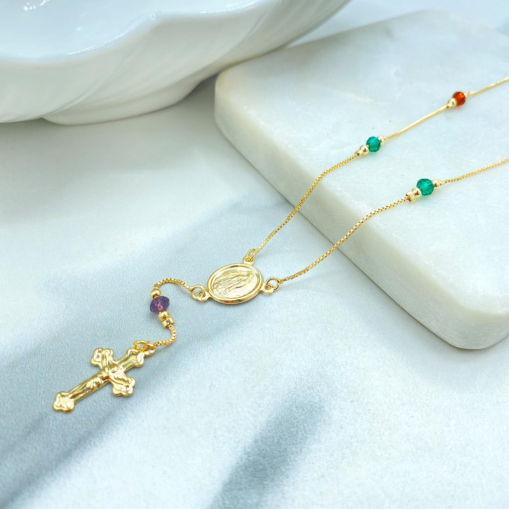 18k Gold Filled Rosary Necklace, Guadalupe Box Chain Rosary with Multicolor Beads, Catholic Jewelry, Religious