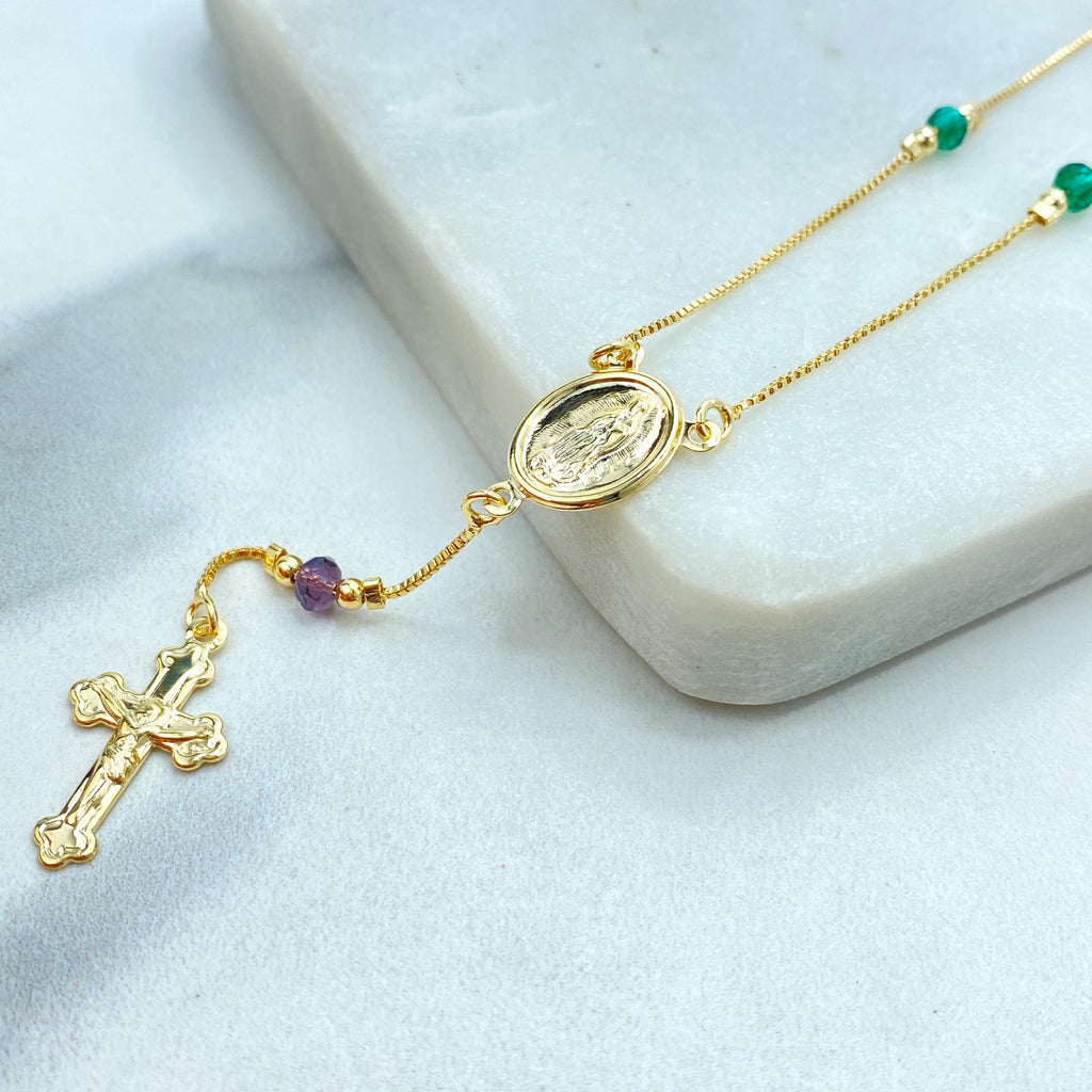 18k Gold Filled Rosary Necklace, Guadalupe Box Chain Rosary with Multicolor Beads, Catholic Jewelry, Religious